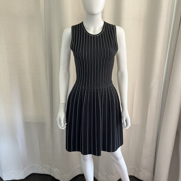Theory Structured Shell Lustrate Black White Stripe A-Line Dress - Picture 5 of 11